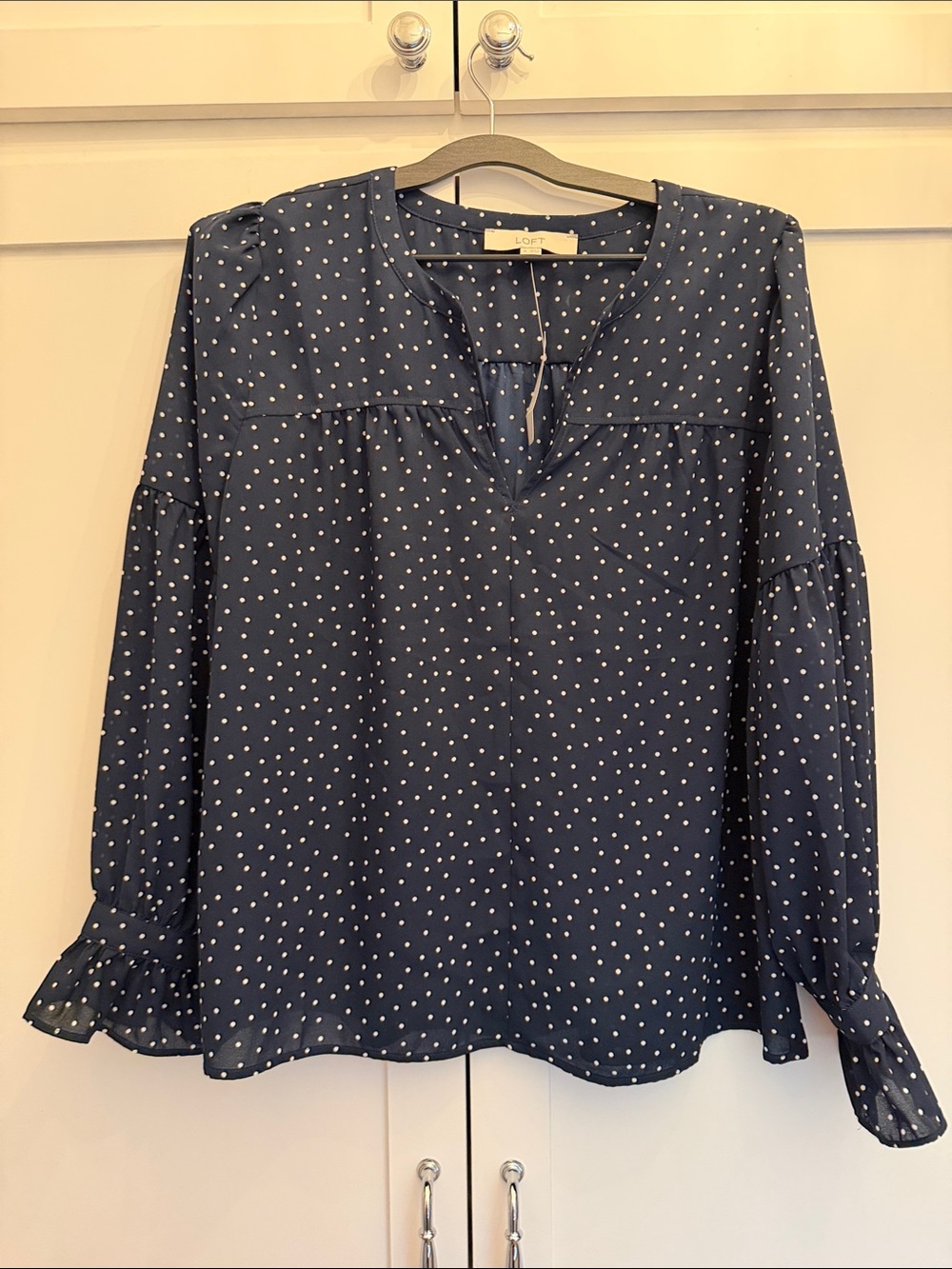 LOFT Navy and White Polka Dot Long-Sleeve Blouse